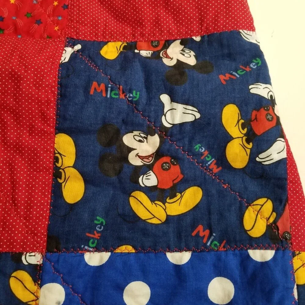 vtg‎ handmade mickey mouse quilt blanket throw crib 36x51